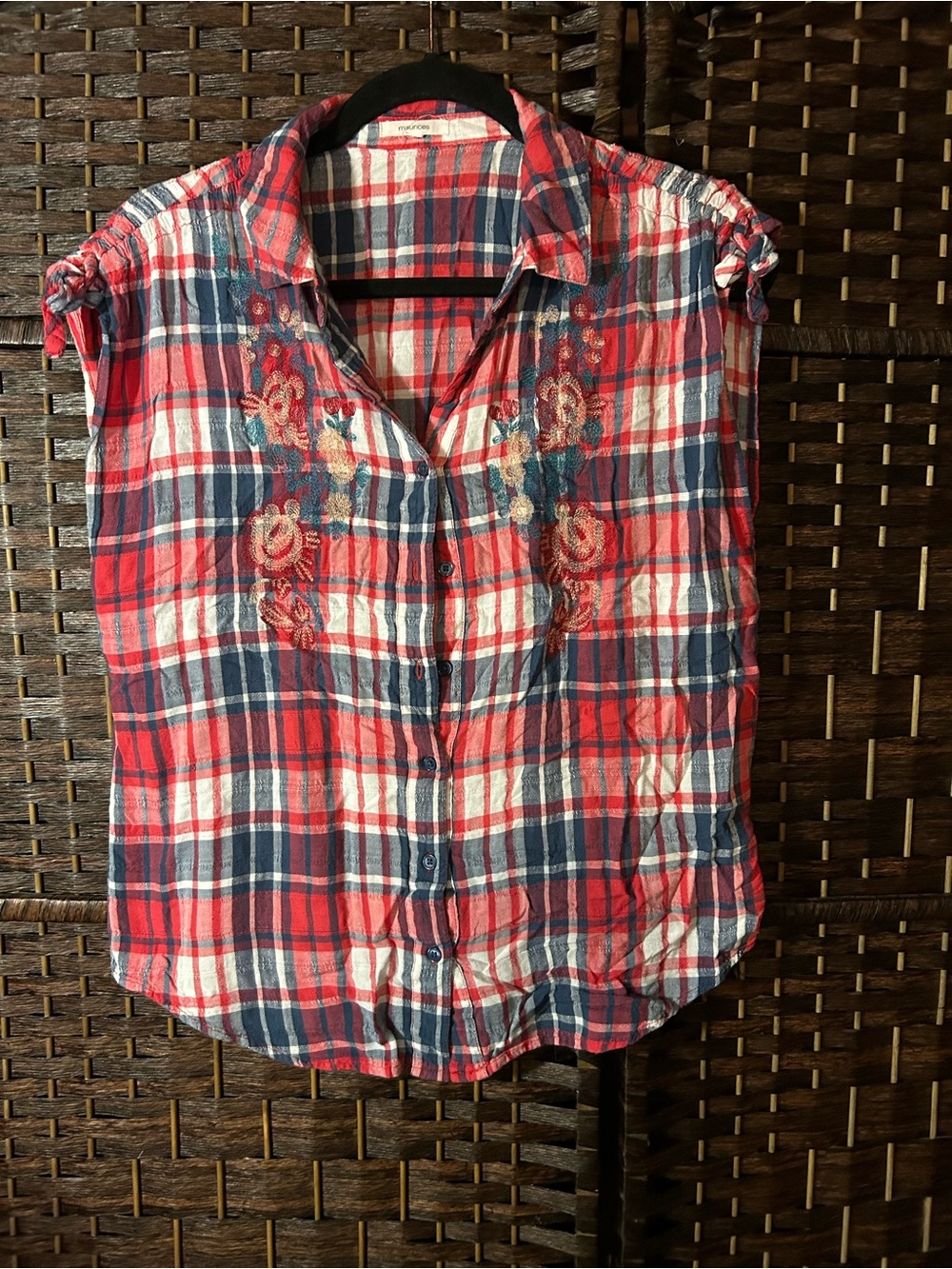 Maurices Red Navy White Plaid Embroidered Sleeveless Button Front Top